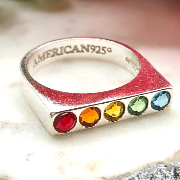 Alex And Ani Sterling Silver Rainbow Crystal Signet Bar Flat Top Rhinestone Ring - Picture 8 of 17